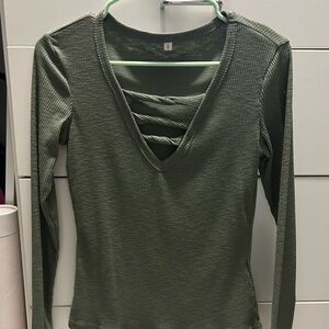 Olive Green Ribbed V-Neck Top